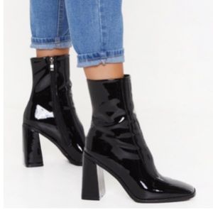 Nasty Gal Flare for Dramatics Patent Leather Square Toe Boots Block Heel…